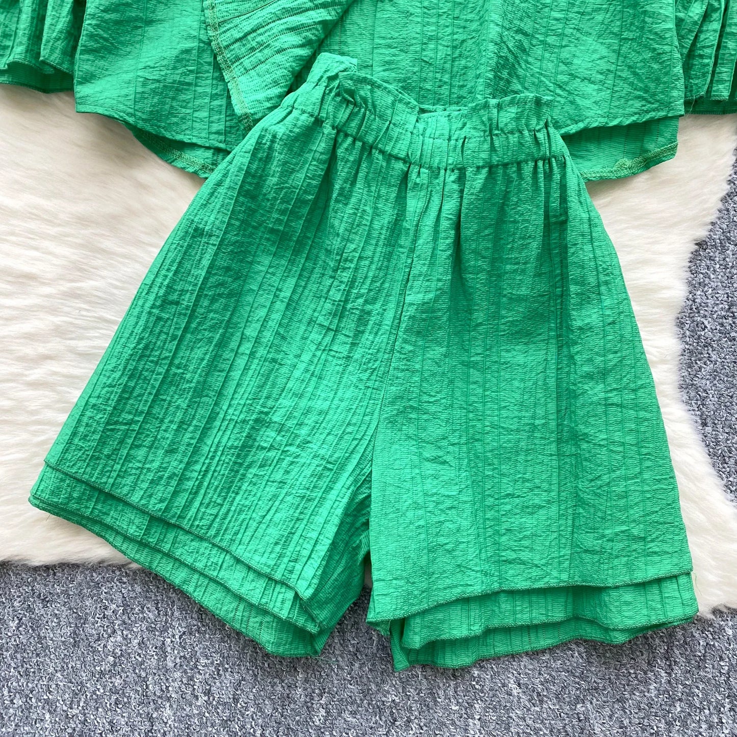 Elegant Polo-neck Vintage Long Flare Sleeves Chic Single Breasted Shirts High Waist Wide Leg Short Pants Sets