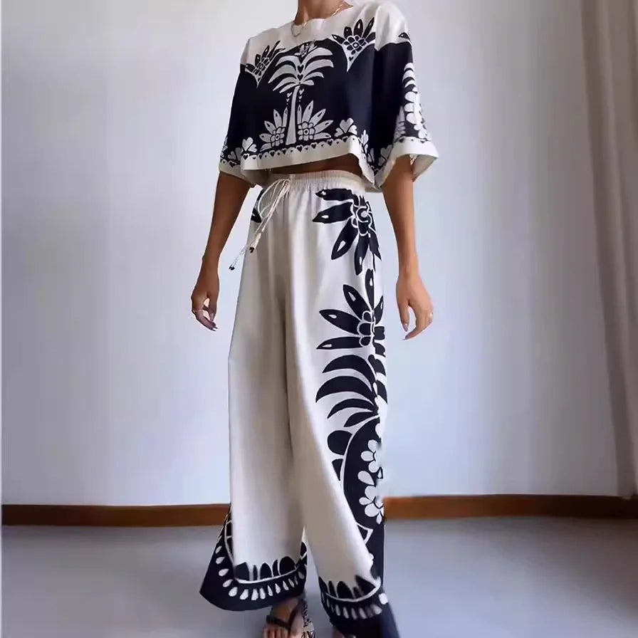 Elegant Printed Sets Outfit For Women Short Tops Wide Leg Pants
