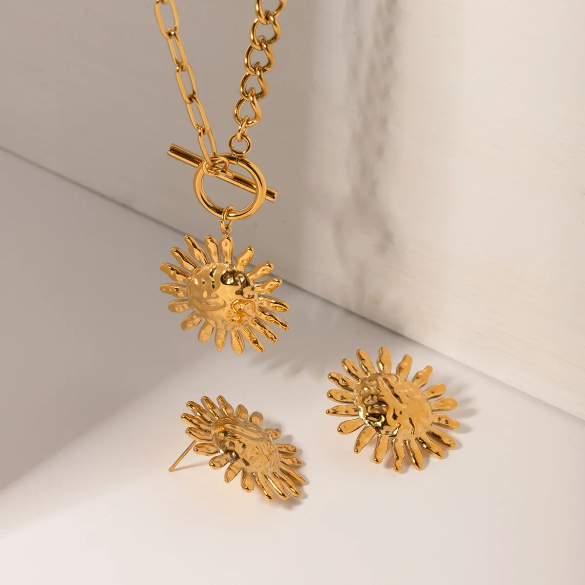 Gold Plated Stainless Sunflower Earrings & Pendant Necklace
