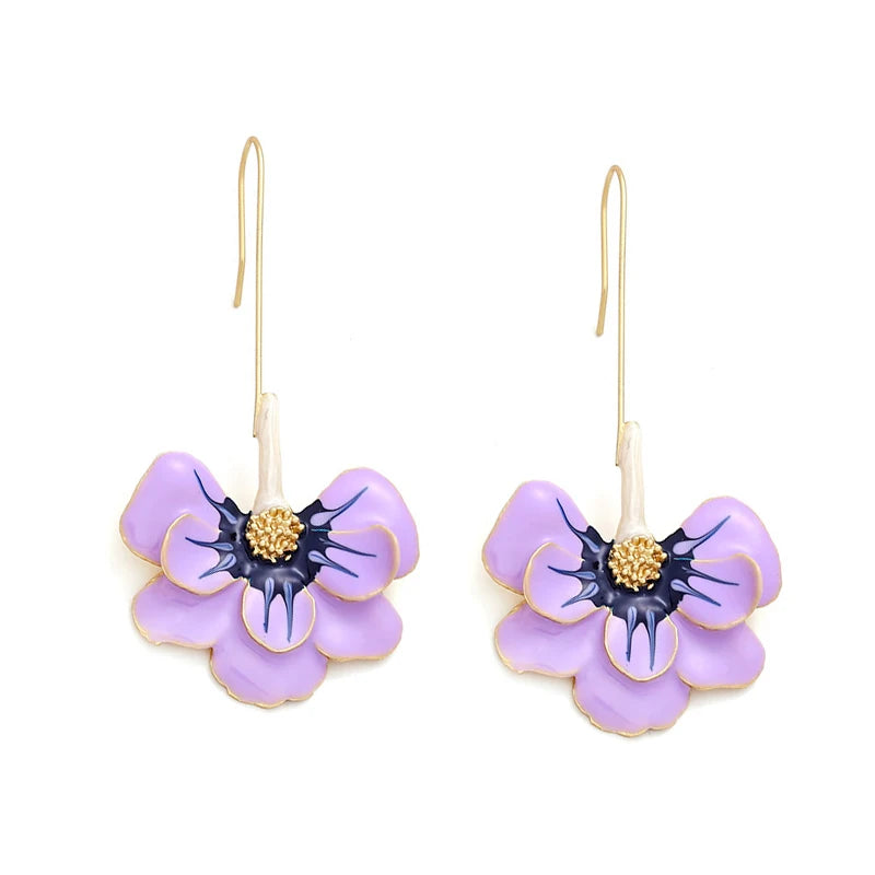 Long Drop Metal Enamel Petal Earrings For Women Cute Colorful Flower