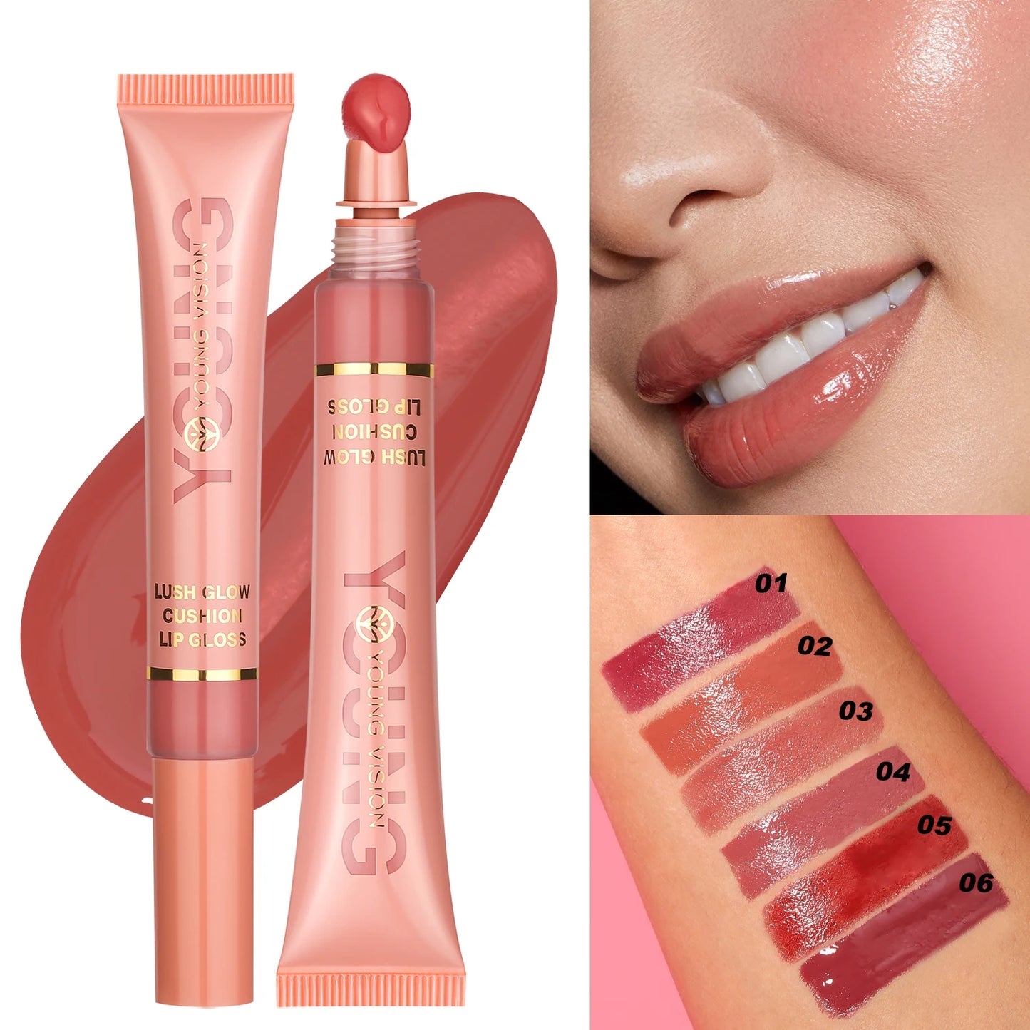 Liquid Water Brightening Lip 6 Color Plush Brush Head Squeezing Lip Color Moisturizing Lip Glaze