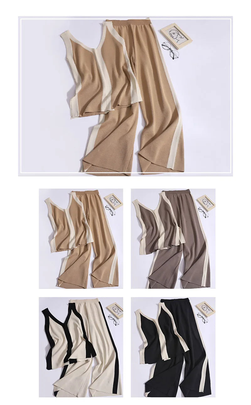 Women Summer New Contrast Color Top Elastic Band Wide Leg Pants Two Piece Set Thin Split Elegant Knit Loose Set