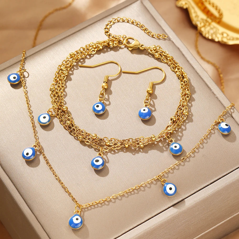 Stainless Steel Jewelry Set Fashion Hanging Small Eyes Earrings Bracelets Necklaces 3 Piece Jewelry Set For Women Jewelry Gifts