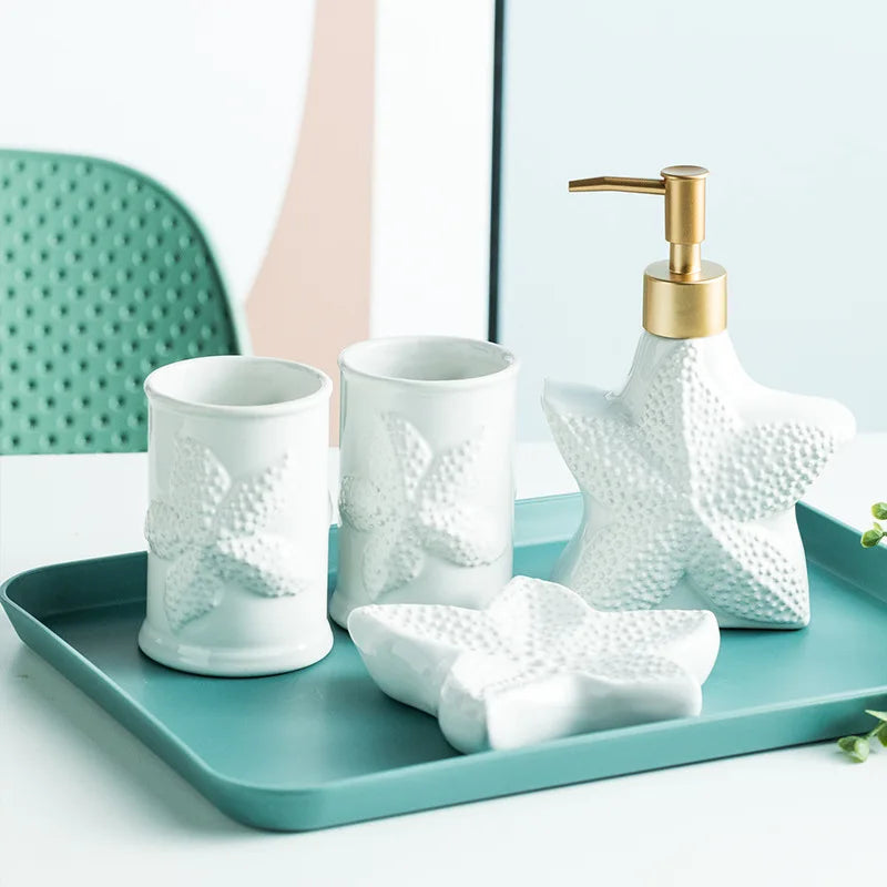 Porcelain Bathroom Set Bathroom Ceramic Starfish Shell Soap Dispenser Gargle Cup Bathroom Accessories Shower Gel Divided Bottle Soap Dish