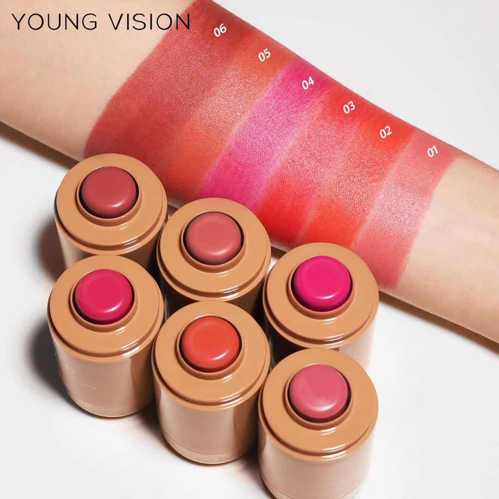 Powder blusher stick, natural 6 color, matte, portable, lip and cheek pocket, rouge cream