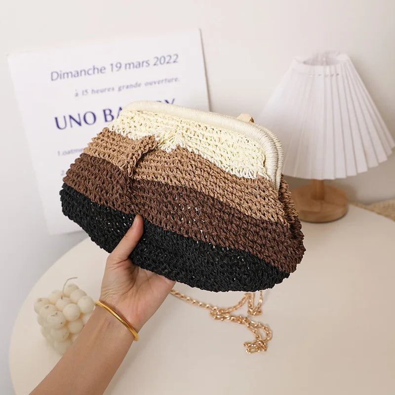 Color Striped Shell Clip Shoulder Bag Paper Rope Beach Bags for Women
