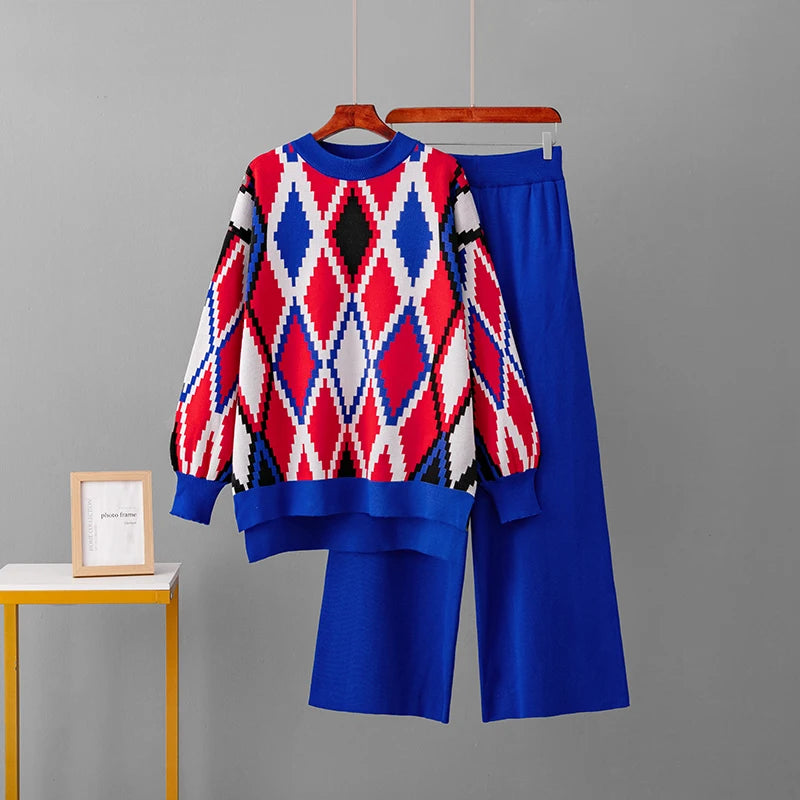 Knitted Two-Piece Matching Sets for Women Loose Trousers Suit Long Sleeve Top Wide Leg Pants Casual Outfits Lozenge Sweater