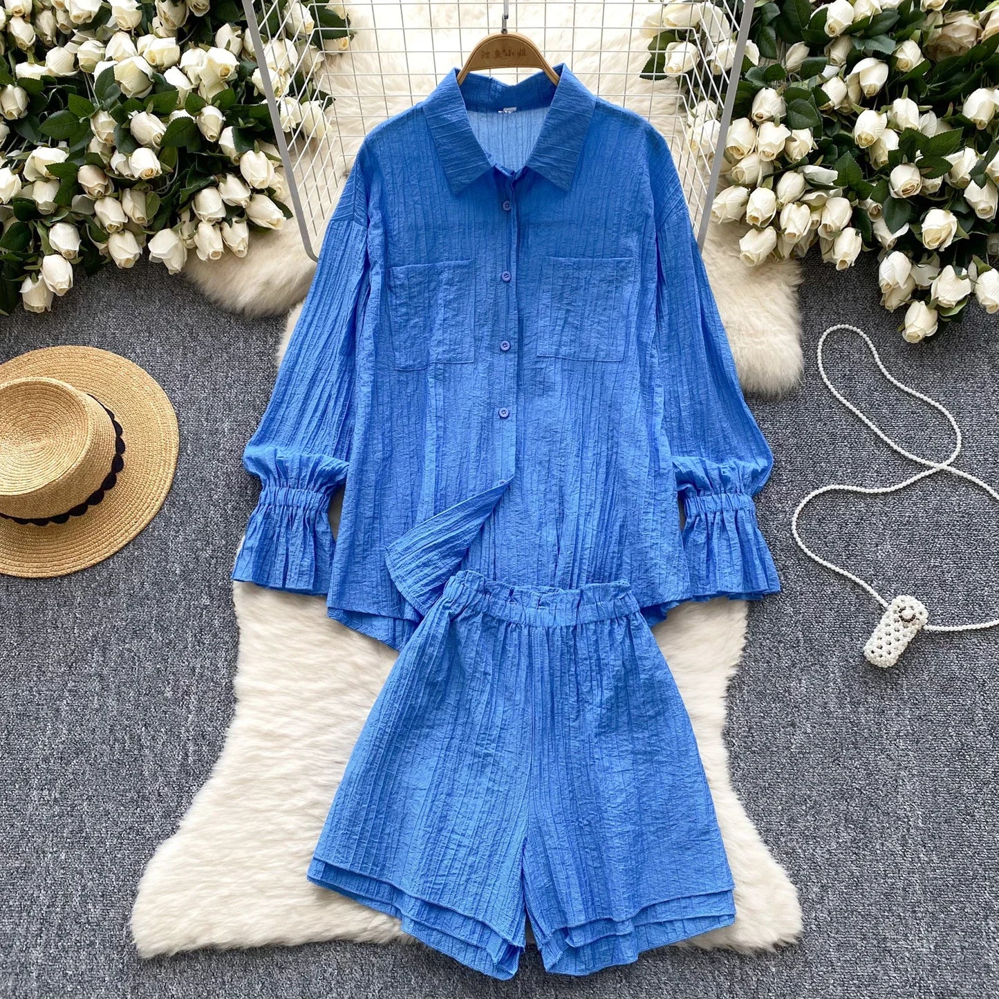 Elegant Polo-neck Vintage Long Flare Sleeves Chic Single Breasted Shirts High Waist Wide Leg Short Pants Sets