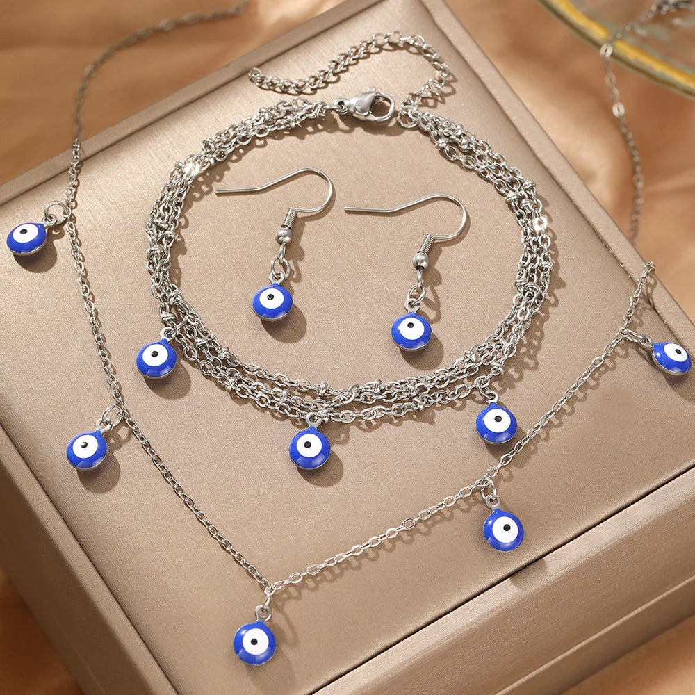 Stainless Steel Jewelry Set Fashion Hanging Small Eyes Earrings Bracelets Necklaces 3 Piece Jewelry Set For Women Jewelry Gifts