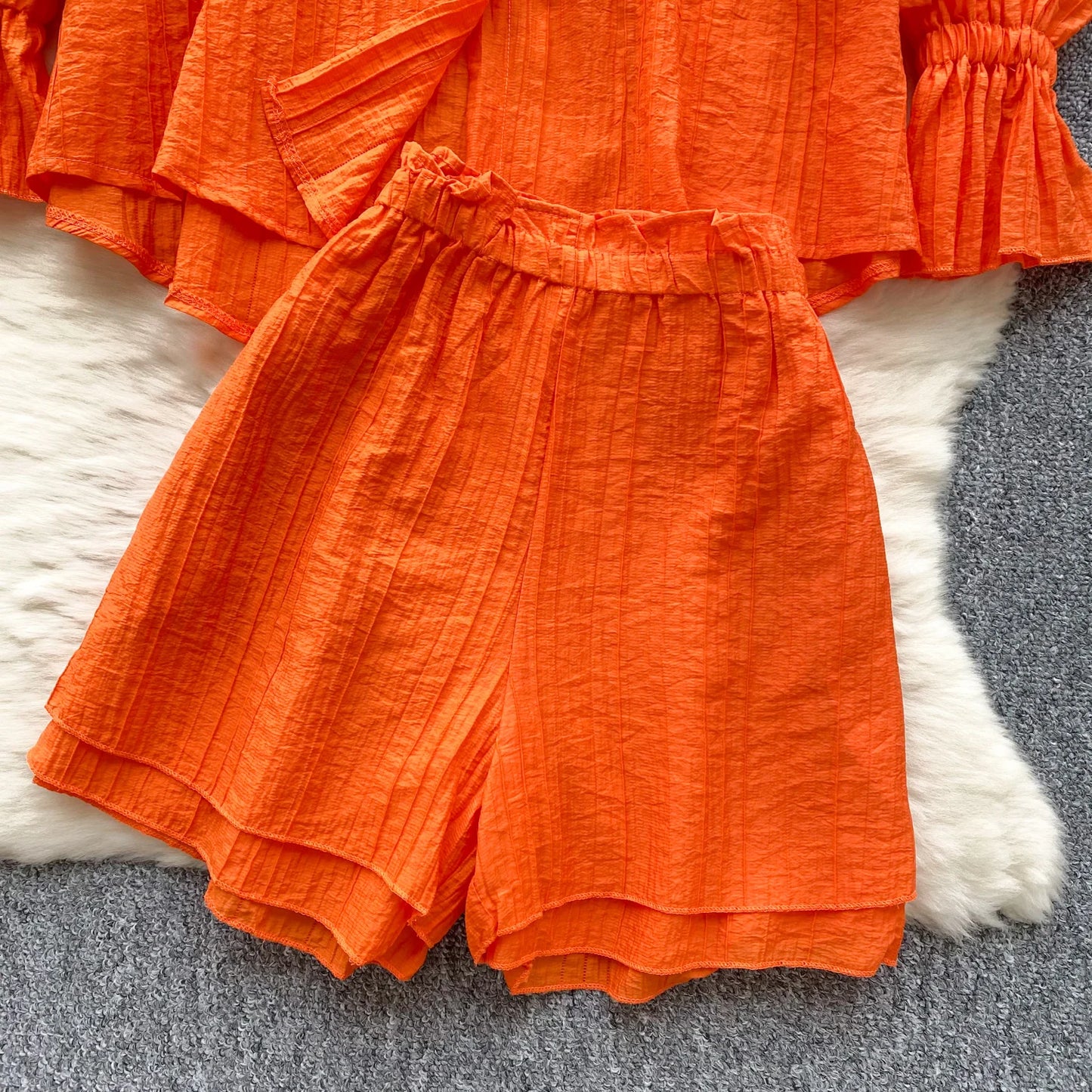 Elegant Polo-neck Vintage Long Flare Sleeves Chic Single Breasted Shirts High Waist Wide Leg Short Pants Sets