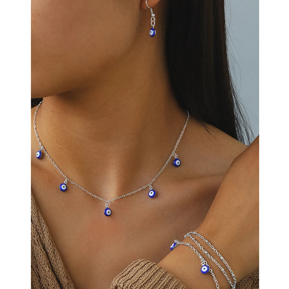 Stainless Steel Jewelry Set Fashion Hanging Small Eyes Earrings Bracelets Necklaces 3 Piece Jewelry Set For Women Jewelry Gifts