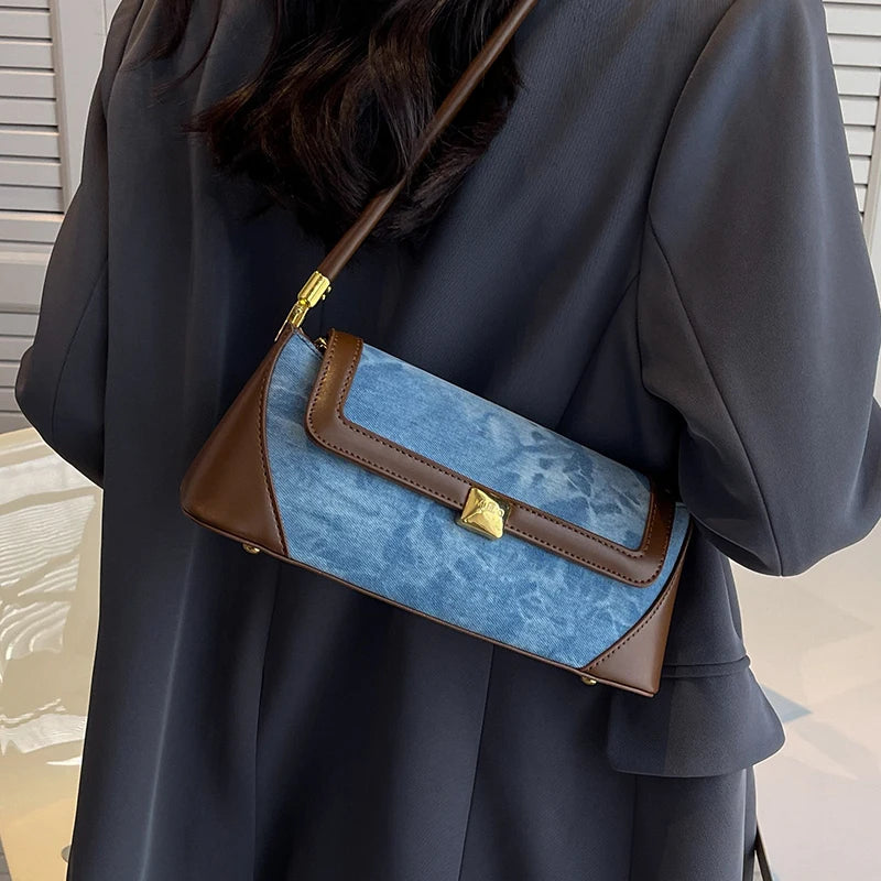 Retro Blue Denim Patchwork Bag New Women's Magnetic Buckle Zipper Shoulder Handbag