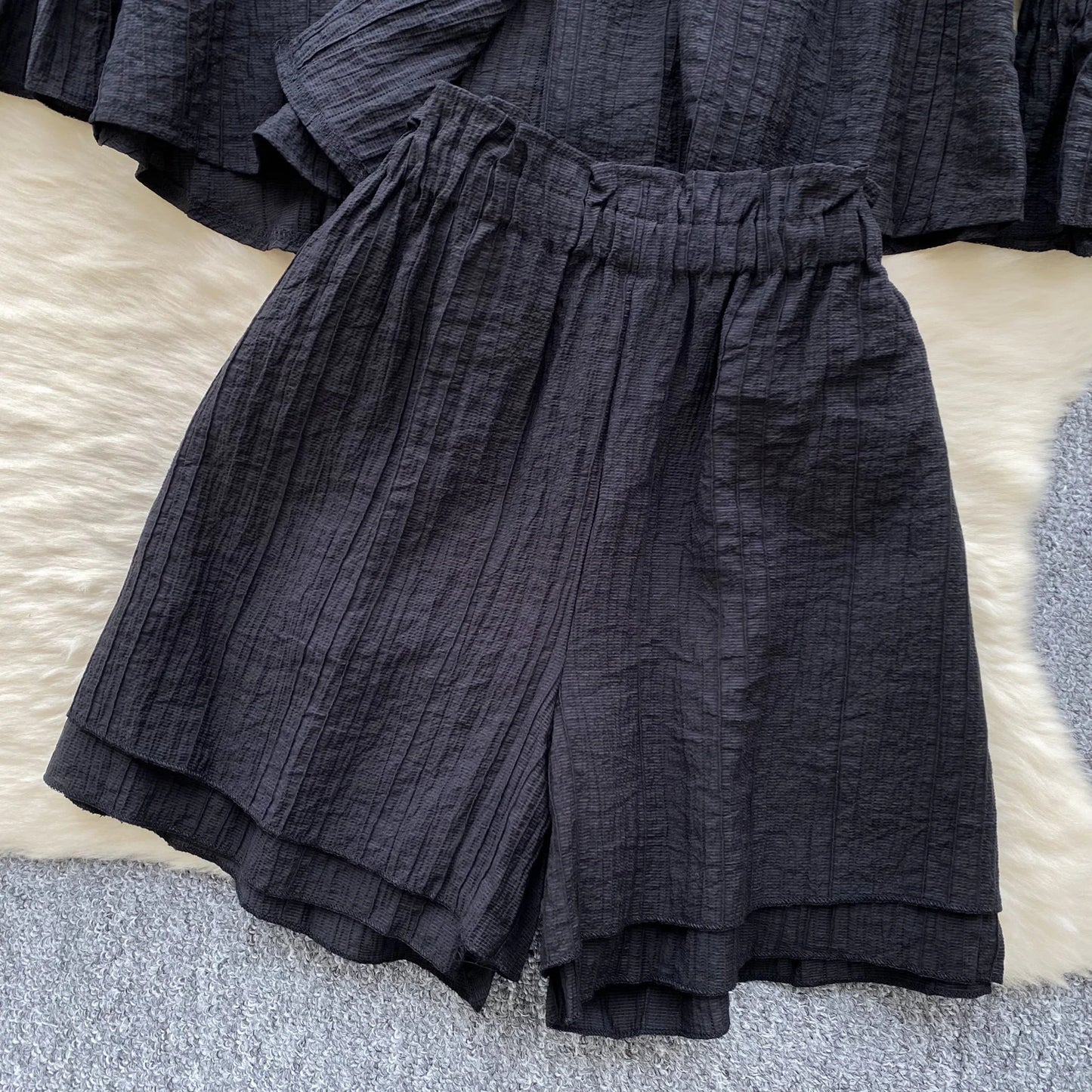 Elegant Polo-neck Vintage Long Flare Sleeves Chic Single Breasted Shirts High Waist Wide Leg Short Pants Sets