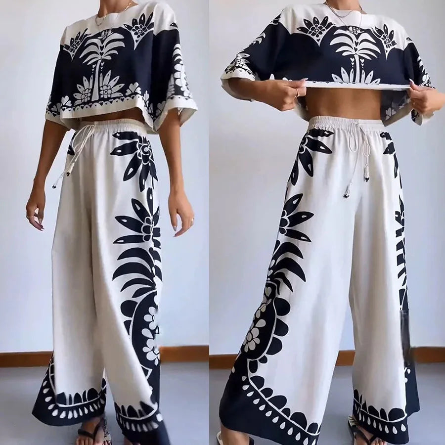 Elegant Printed Sets Outfit For Women Short Tops Wide Leg Pants