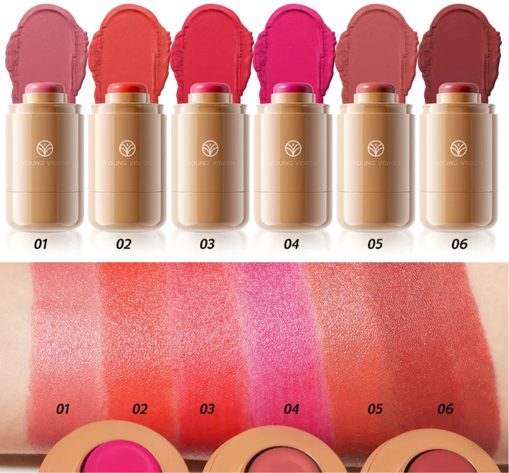Powder blusher stick, natural 6 color, matte, portable, lip and cheek pocket, rouge cream