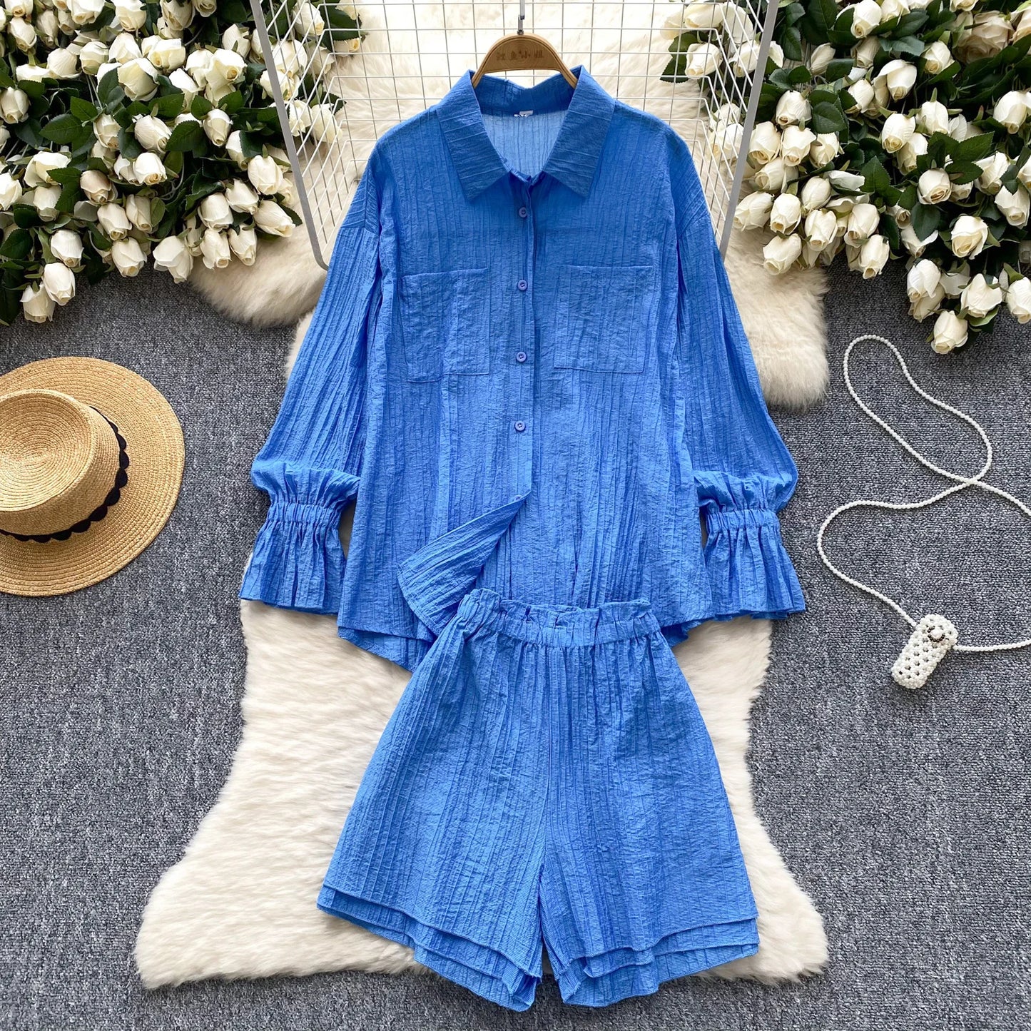 Elegant Polo-neck Vintage Long Flare Sleeves Chic Single Breasted Shirts High Waist Wide Leg Short Pants Sets