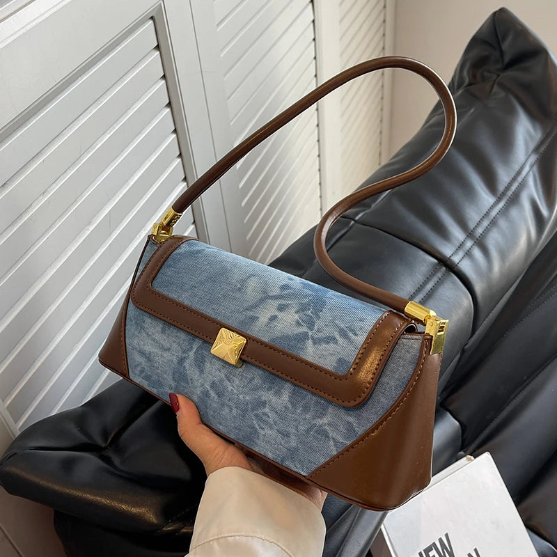 Retro Blue Denim Patchwork Bag New Women's Magnetic Buckle Zipper Shoulder Handbag
