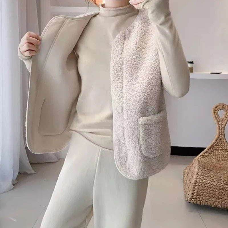 Women Faux Lamb Fur Vest Coat With Pockets Warm Casual Cardigan Jacket