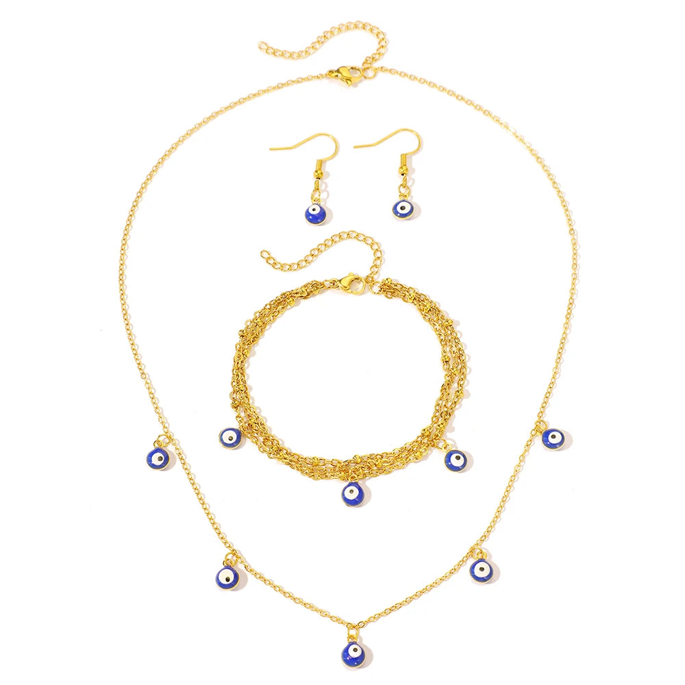 Stainless Steel Jewelry Set Fashion Hanging Small Eyes Earrings Bracelets Necklaces 3 Piece Jewelry Set For Women Jewelry Gifts
