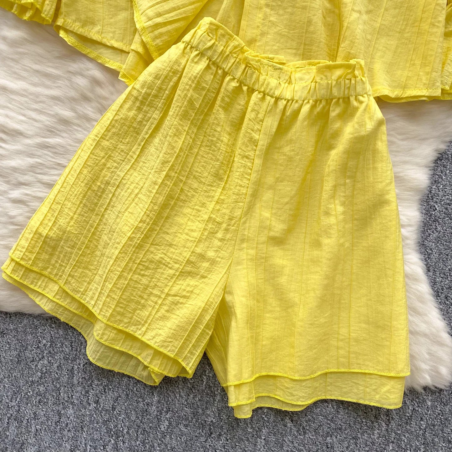 Elegant Polo-neck Vintage Long Flare Sleeves Chic Single Breasted Shirts High Waist Wide Leg Short Pants Sets