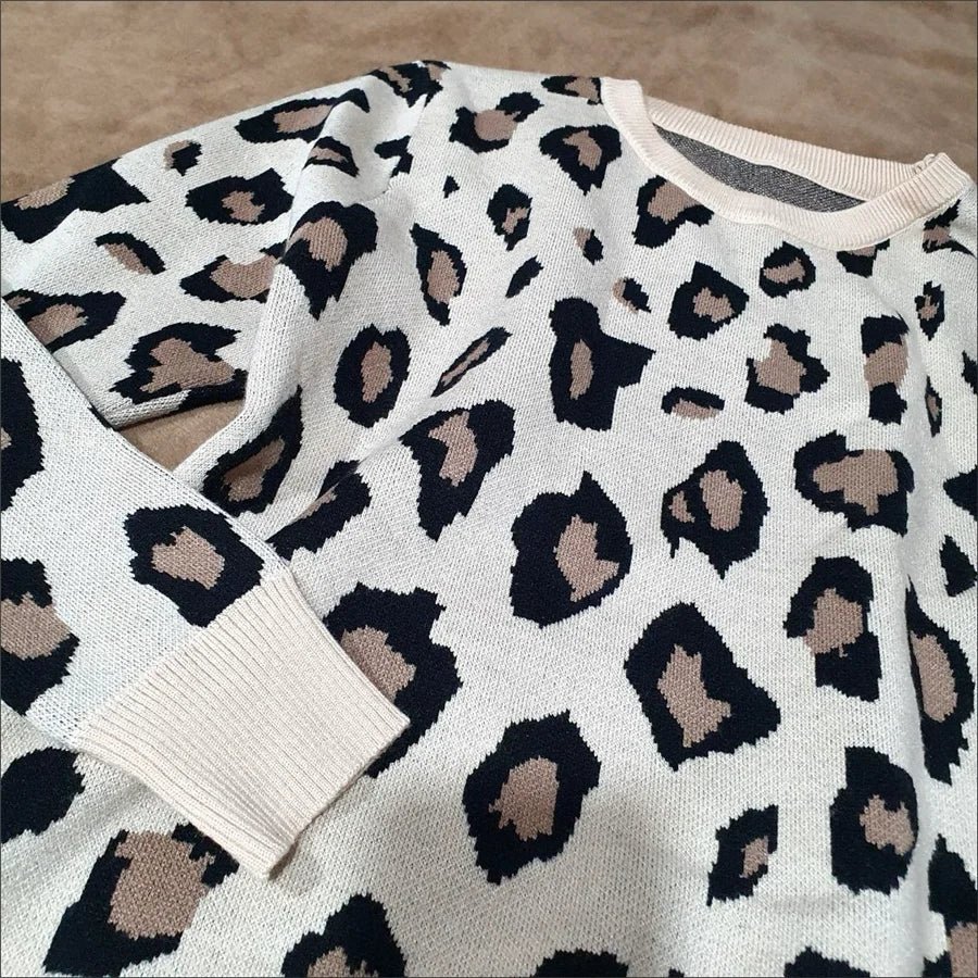 Womens Knitted 2 Piece Sets Leopard Print Pullovers Tops + High Waist Knitwear Jogger Pants Suit Casual Autumn Sweater Conjuntos