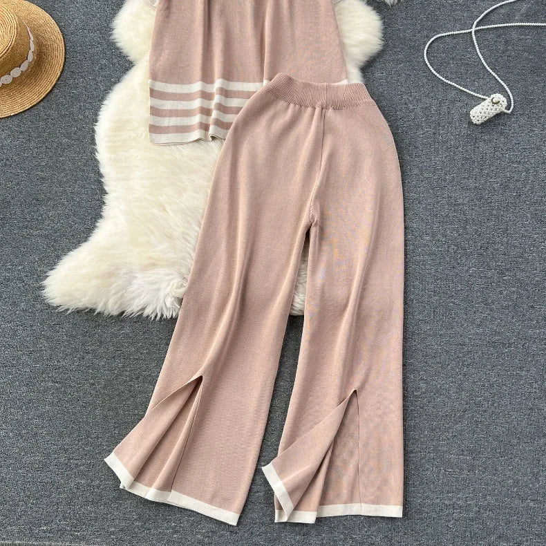Stili alla moda Idle Sensibility Top in maglia a righe con blocchi di colore, vestibilità ampia, snellente, spacchi laterali, set da 2 pezzi