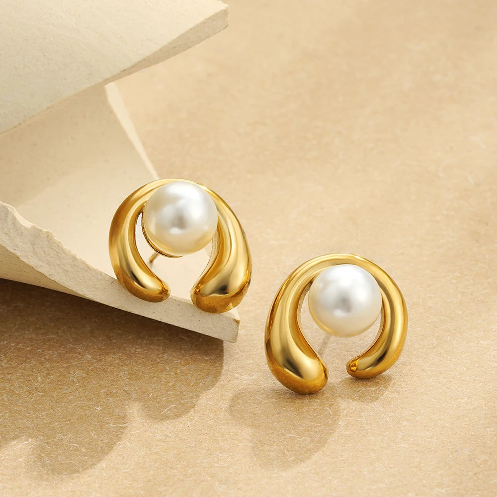 Elegant Stainless Gold Plated Pearl Steel Earrings for Women