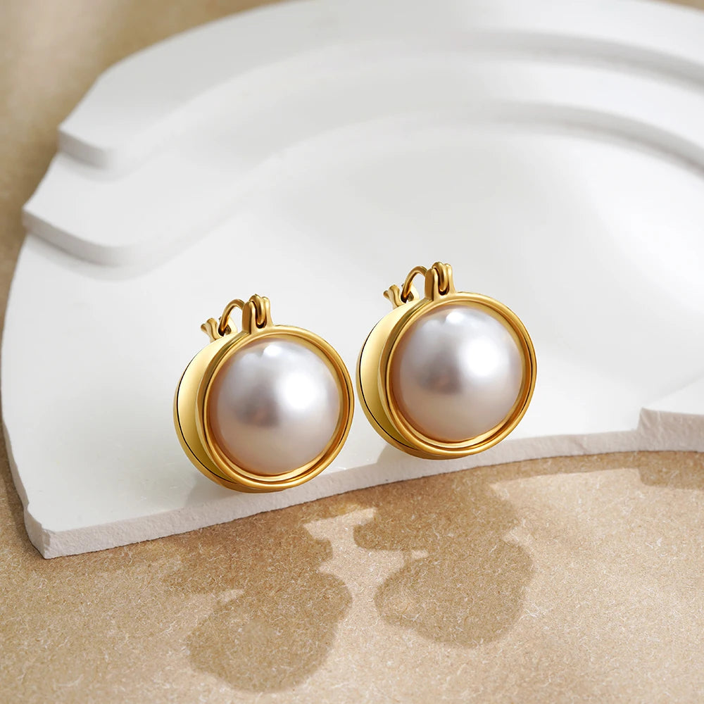 Elegant Stainless Gold Plated Pearl Steel Earrings for Women