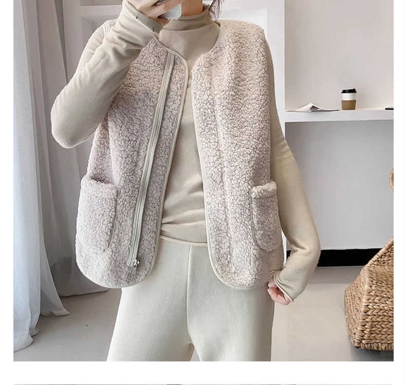 Women Faux Lamb Fur Vest Coat With Pockets Warm Casual Cardigan Jacket