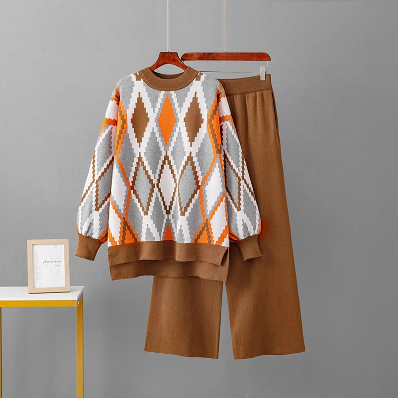 Knitted Two-Piece Matching Sets for Women Loose Trousers Suit Long Sleeve Top Wide Leg Pants Casual Outfits Lozenge Sweater