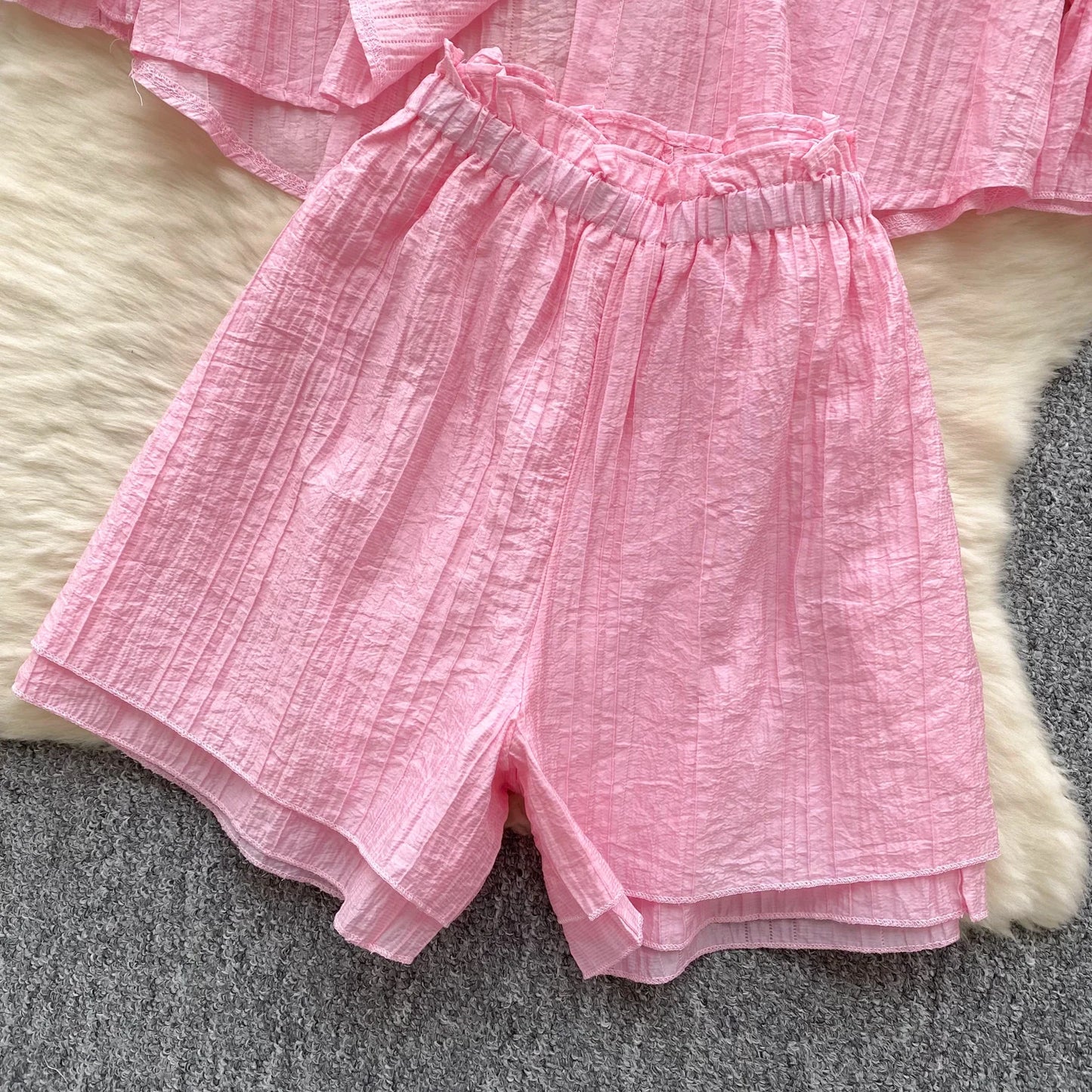 Elegant Polo-neck Vintage Long Flare Sleeves Chic Single Breasted Shirts High Waist Wide Leg Short Pants Sets