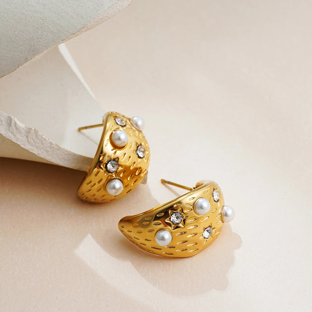 Elegant Stainless Gold Plated Pearl Steel Earrings for Women