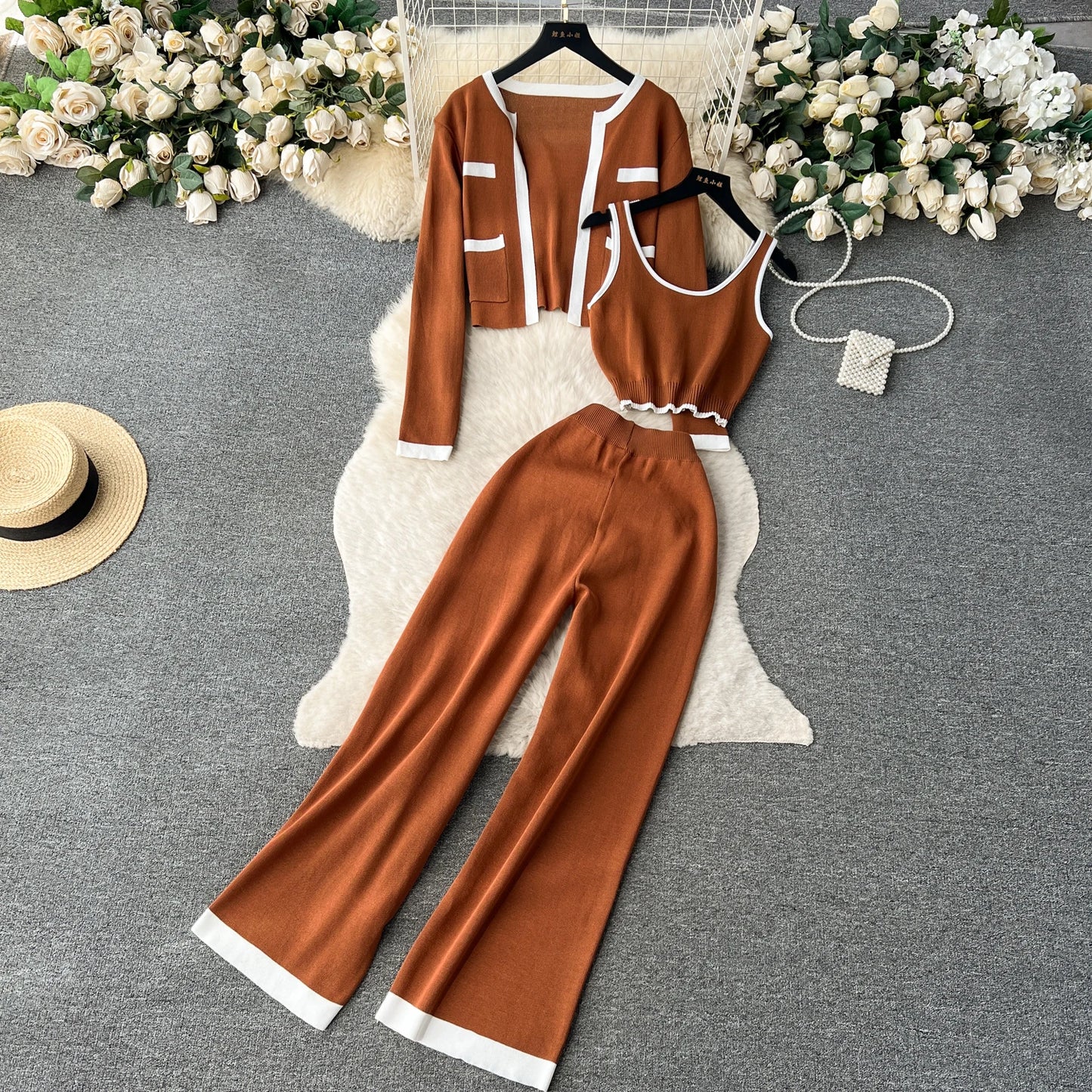 Autumn Knitted Three Pieces Sets Top+Long Sleeves Short Cardigan+Elastic Long Pants Fashion Sweater Set