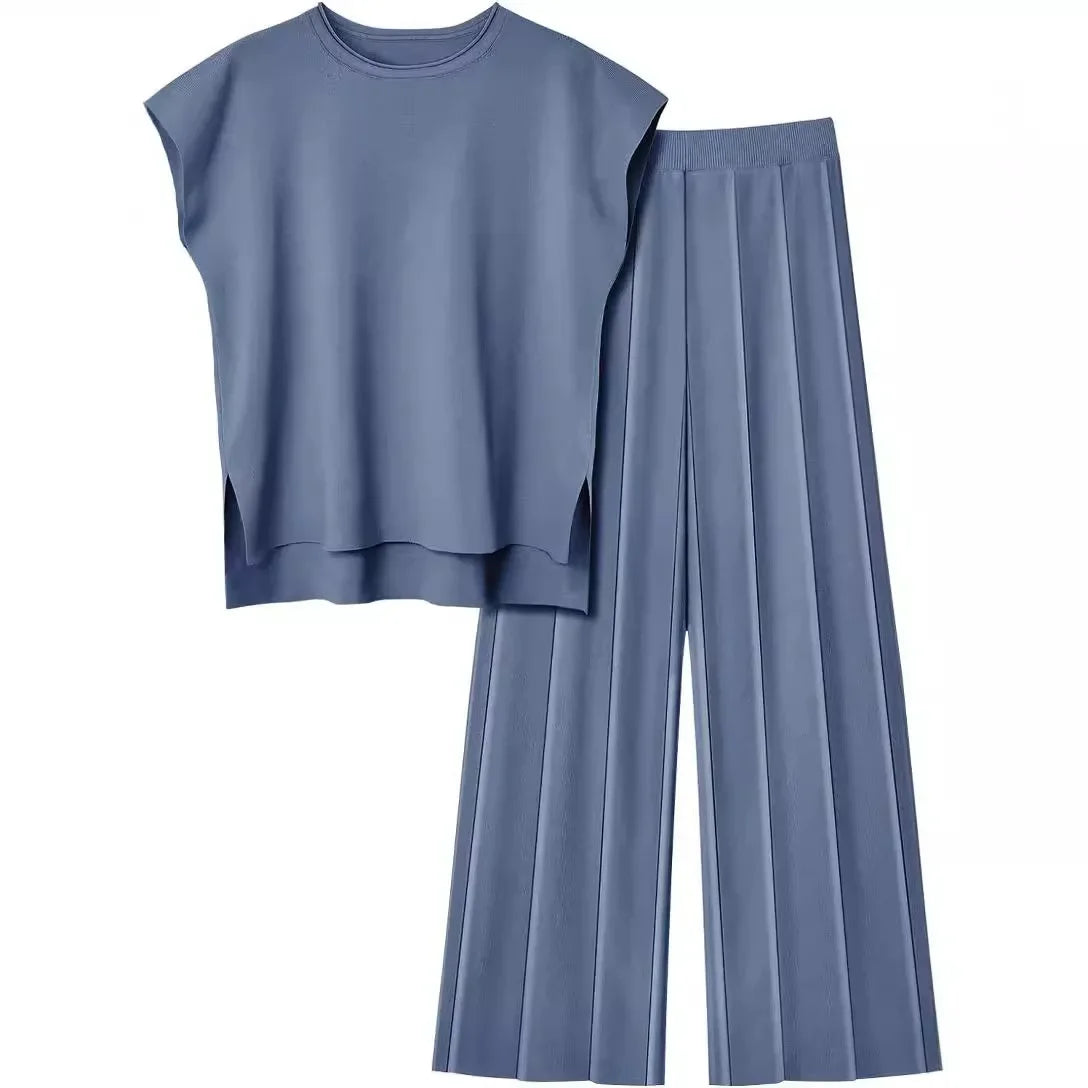 Casual Knitted Women's Set Sleeveless Vest Knitted Sweater plus Wide Leg Pants