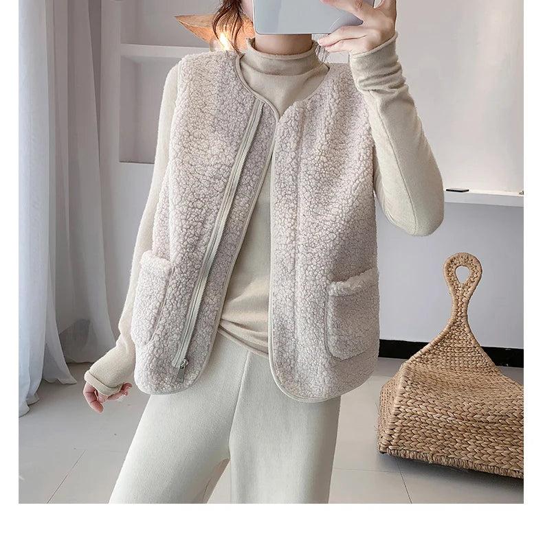 Women Faux Lamb Fur Vest Coat With Pockets Warm Casual Cardigan Jacket