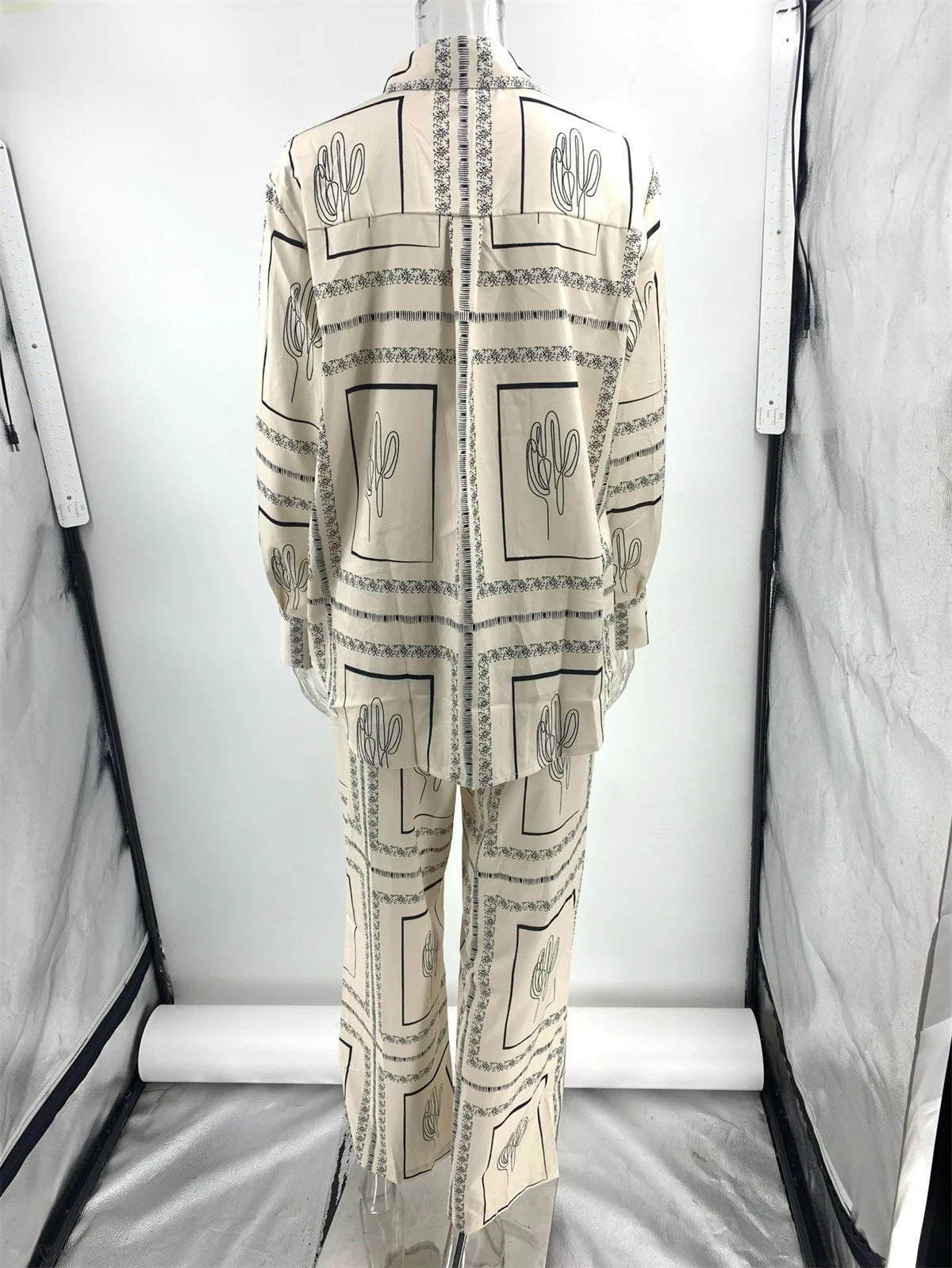 Female Printed Shirts Two Piece Set Lapel Long Sleeve Top High Waist Wide Leg Pants 2024 Spring Summer Women Home Wear Suits