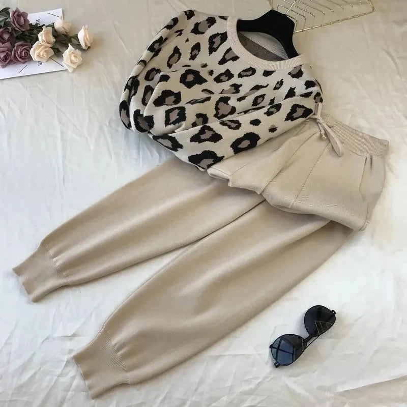 Womens Knitted 2 Piece Sets Leopard Print Pullovers Tops + High Waist Knitwear Jogger Pants Suit Casual Autumn Sweater Conjuntos