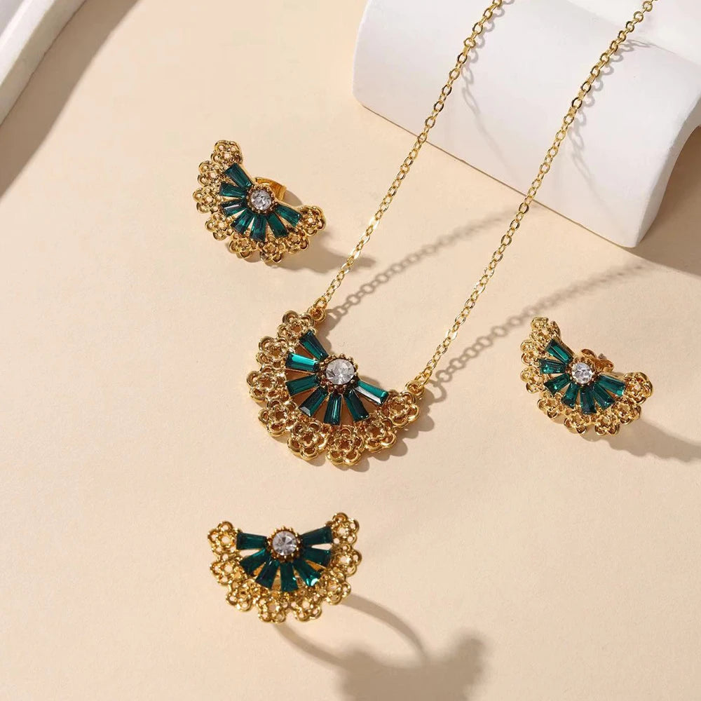Golden Stainless steel necklace + earrings + ring Set for Women's Jewelry