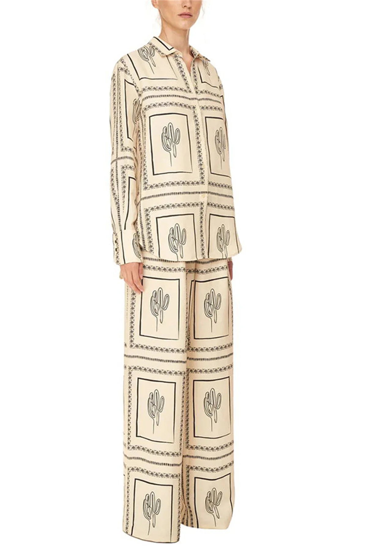 Female Printed Shirts Two Piece Set Lapel Long Sleeve Top High Waist Wide Leg Pants 2024 Spring Summer Women Home Wear Suits