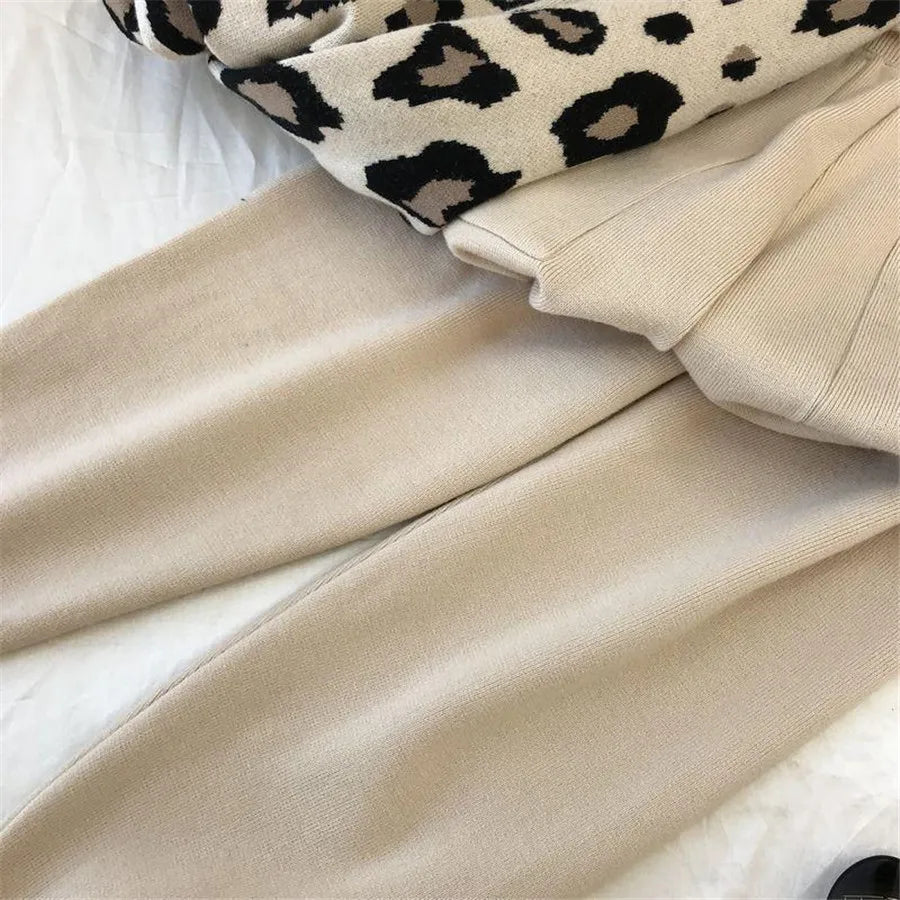 Womens Knitted 2 Piece Sets Leopard Print Pullovers Tops + High Waist Knitwear Jogger Pants Suit Casual Autumn Sweater Conjuntos