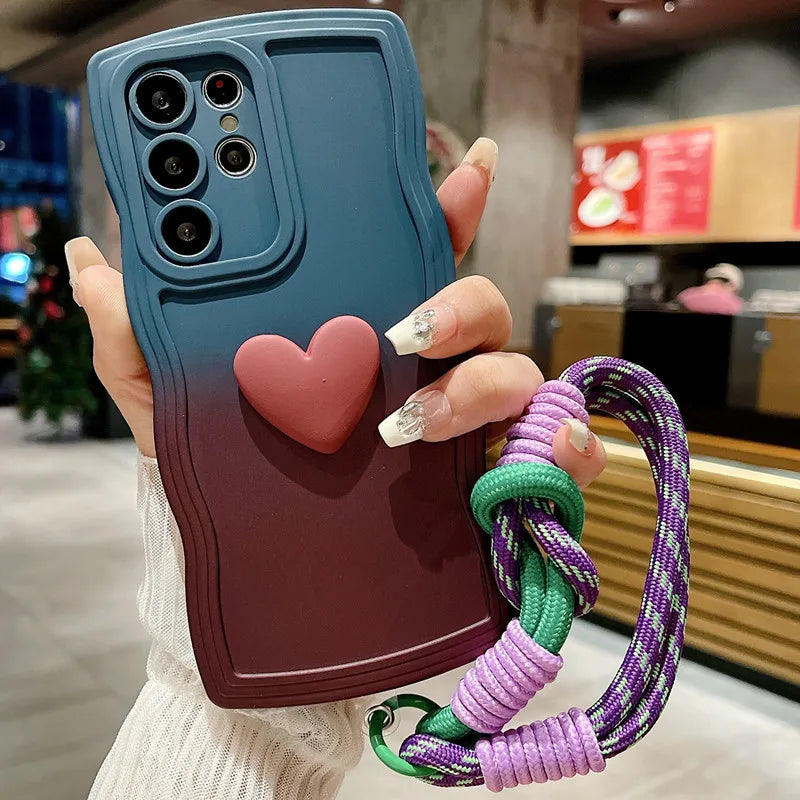 Custodia con cinturino da polso con gradiente a forma di cuore per Samsung Galaxy S24 Ultra S23 S21 S20 FE S22 Plus Note 20 A55 A535 A25 A15 5G A05s A05