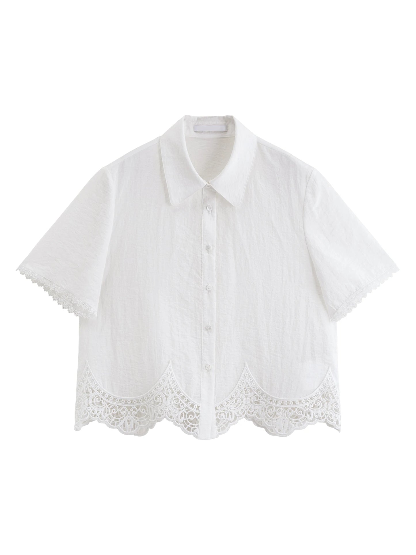 Summer Women's White Lace Trim Shirt and Shorts - Elegant Coordinated Outfit for Daily and Vacation Wear