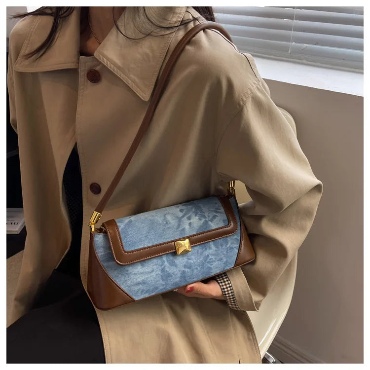 Retro Blue Denim Patchwork Bag New Women's Magnetic Buckle Zipper Shoulder Handbag