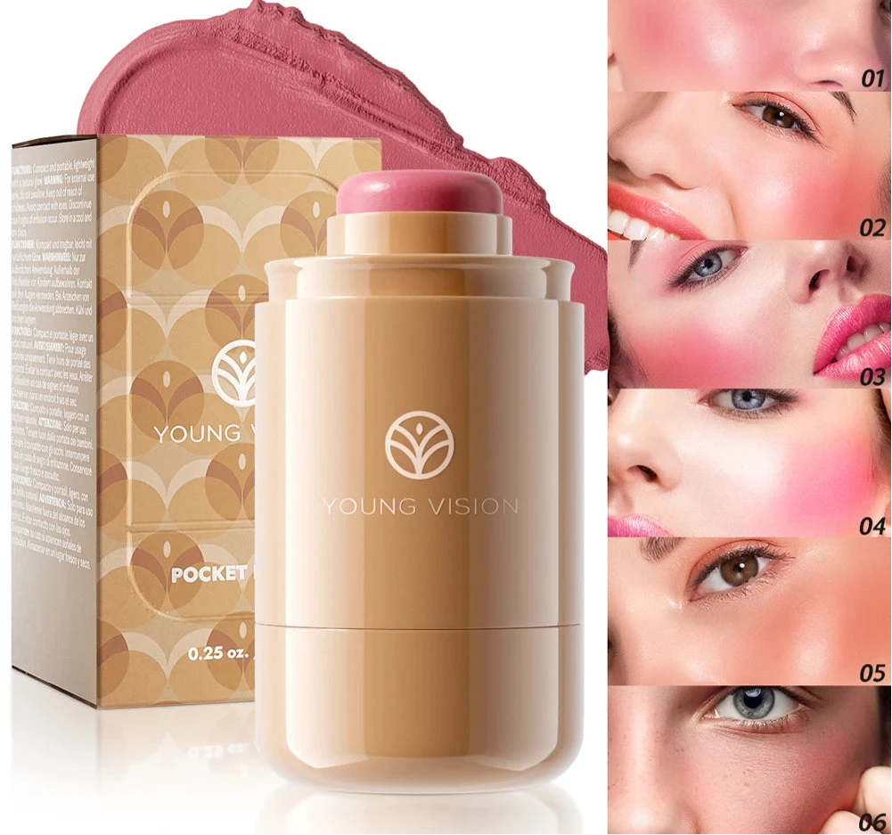 Powder blusher stick, natural 6 color, matte, portable, lip and cheek pocket, rouge cream