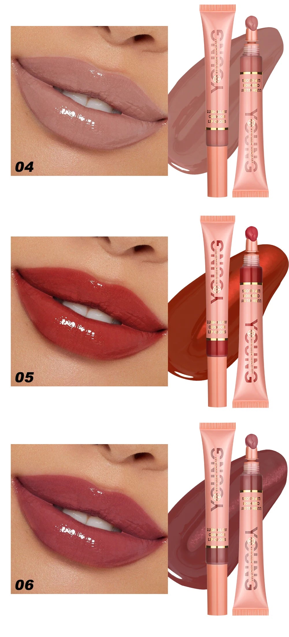 Liquid Water Brightening Lip 6 Color Plush Brush Head Squeezing Lip Color Moisturizing Lip Glaze