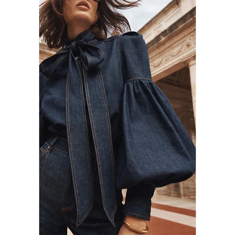 Casual Denim Shirt Women's Basic Plus Size Loose Blouse Stand Collar Female Lace-up Tops