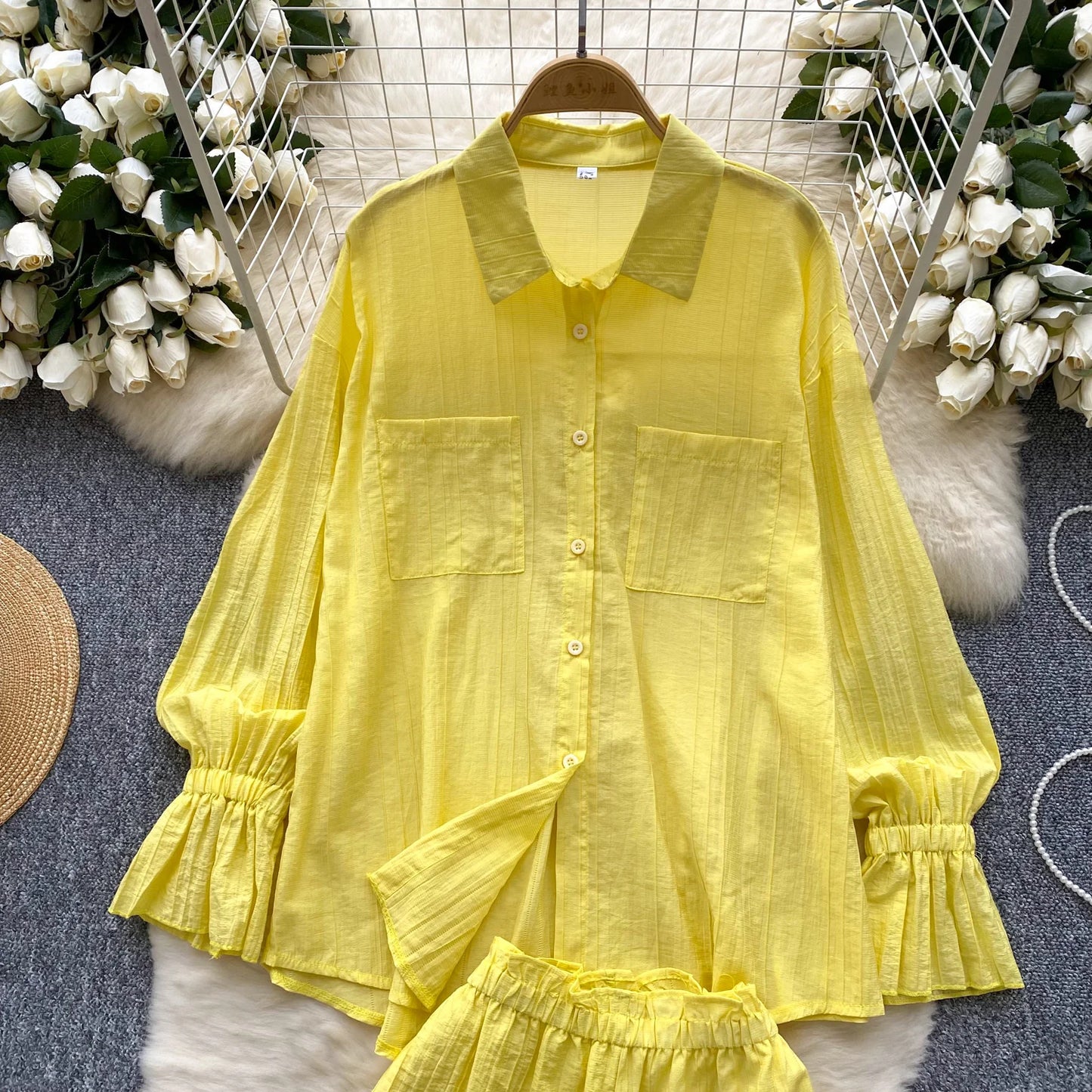 Elegant Polo-neck Vintage Long Flare Sleeves Chic Single Breasted Shirts High Waist Wide Leg Short Pants Sets