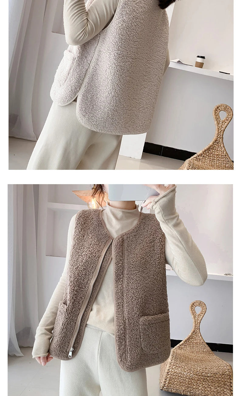 Women Faux Lamb Fur Vest Coat With Pockets Warm Casual Cardigan Jacket