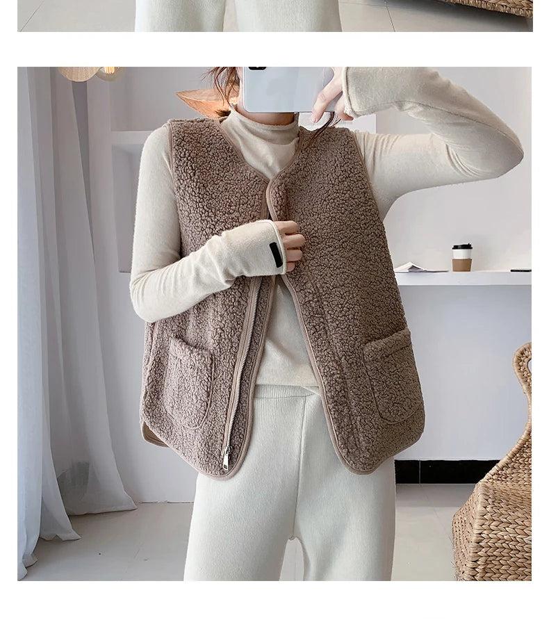 Women Faux Lamb Fur Vest Coat With Pockets Warm Casual Cardigan Jacket
