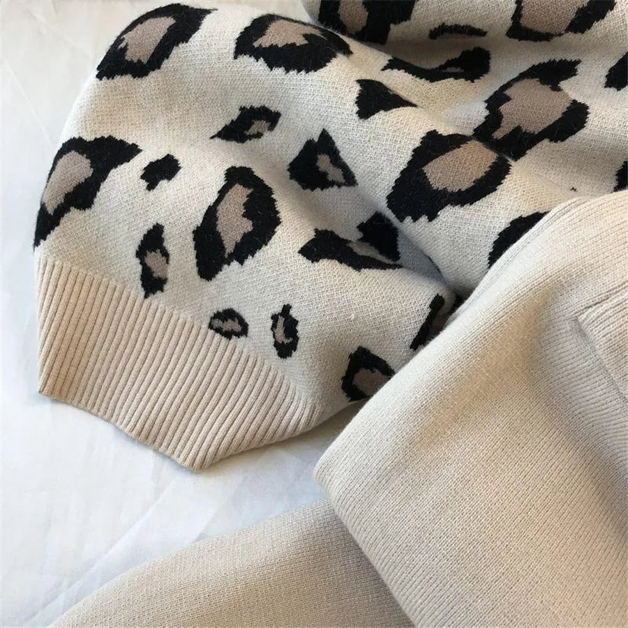 Womens Knitted 2 Piece Sets Leopard Print Pullovers Tops + High Waist Knitwear Jogger Pants Suit Casual Autumn Sweater Conjuntos